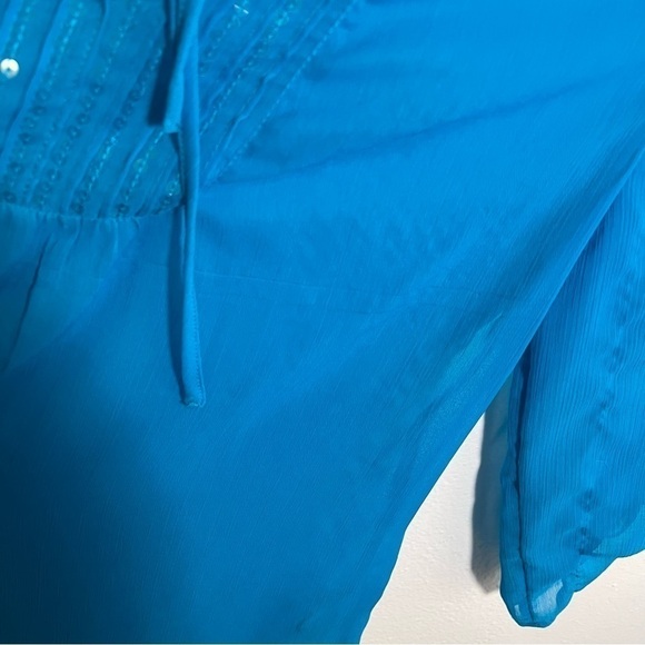 Express Sheer Blouse Peacock Blue Sequins - Picture 12 of 14